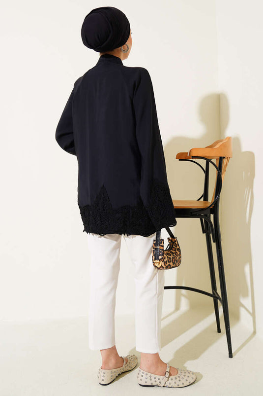Dantel Detaylı Gizli Düğmeli Gömlek Siyah