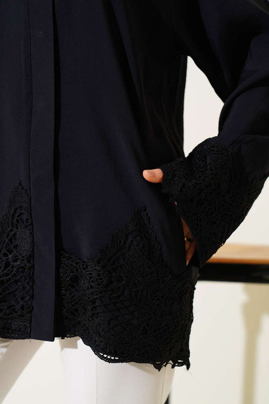 Dantel Detaylı Gizli Düğmeli Gömlek Siyah