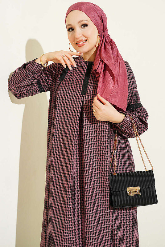 Robe À Dentelle Et Motif Pied-De-Poule En Rose Taupe