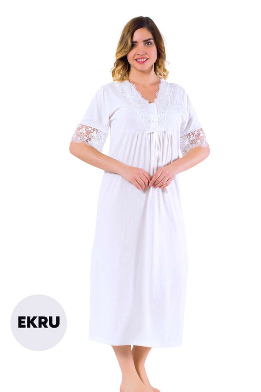 Lace Detailed Short Sleeve Women's Nightgown Ecru