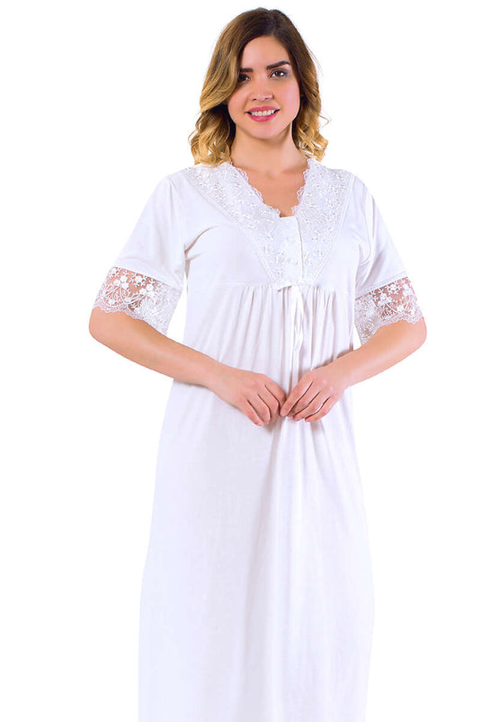 Lace Detailed Short Sleeve Women's Nightgown Ecru