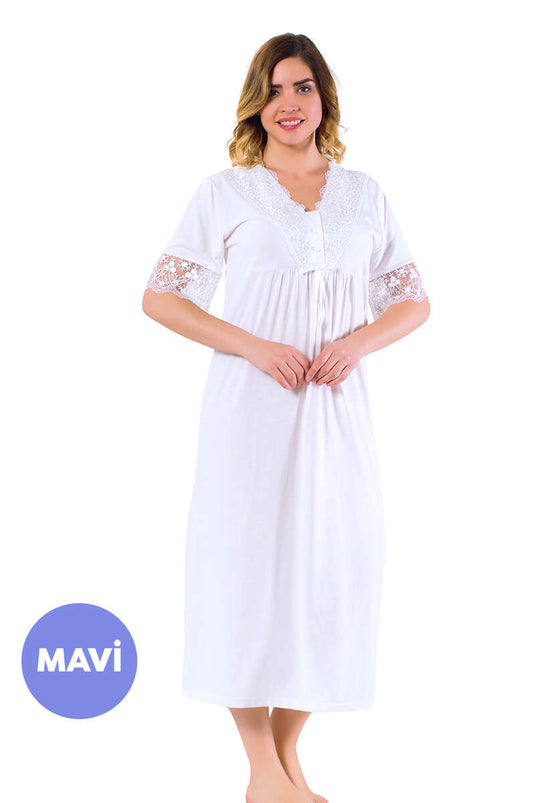 Lace Detailed Short Sleeve Women's Nightgown Blue