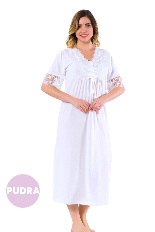 Lace Detailed Short Sleeve Women's Nightgown Powder