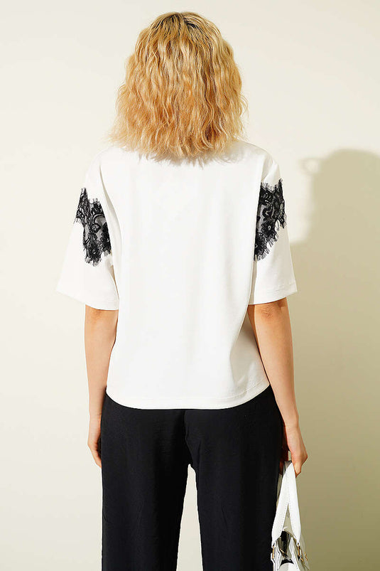 T-shirt Loyşa con dettagli in pizzo color ecru