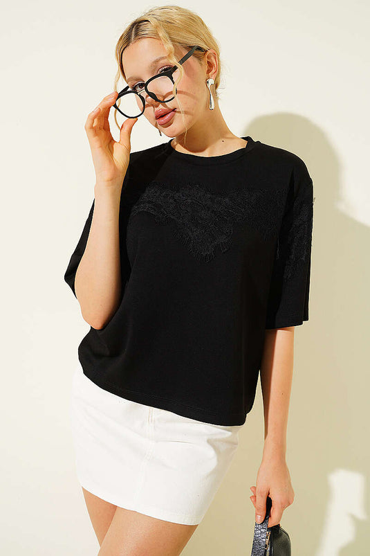 Dantel Detaylı Loyşa T-shirt Siyah