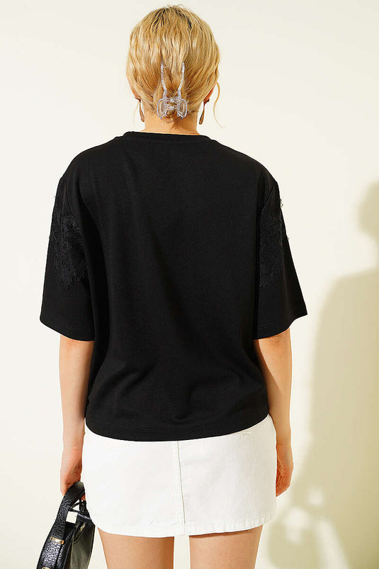 Dantel Detaylı Loyşa T-shirt Siyah