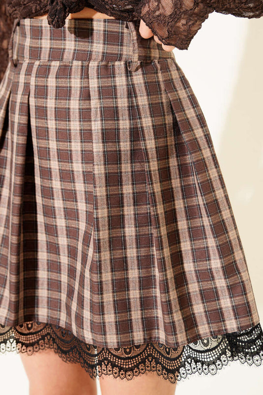 Dantel Detaylı Mini Etek Kahve