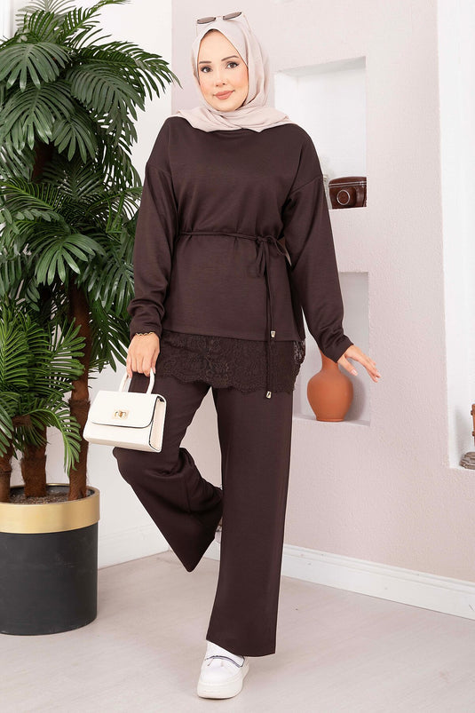 Conjunto De Pantalón Con Encaje Marrón