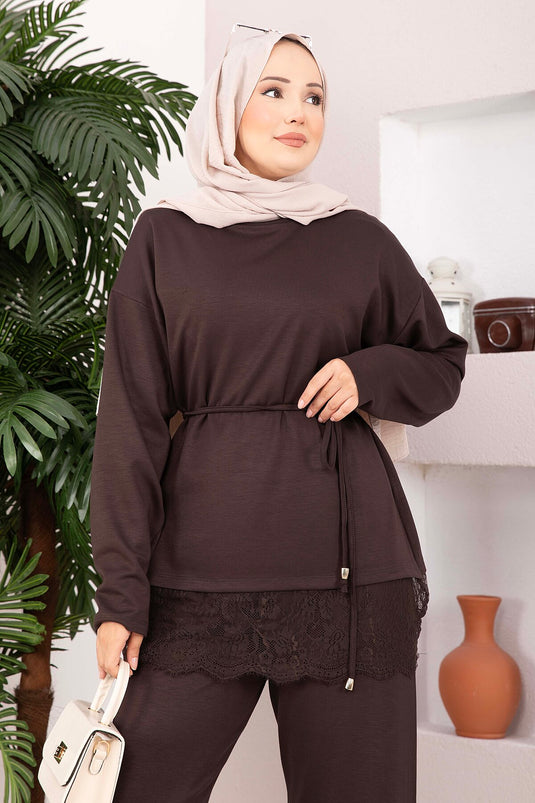 Conjunto De Pantalón Con Encaje Marrón