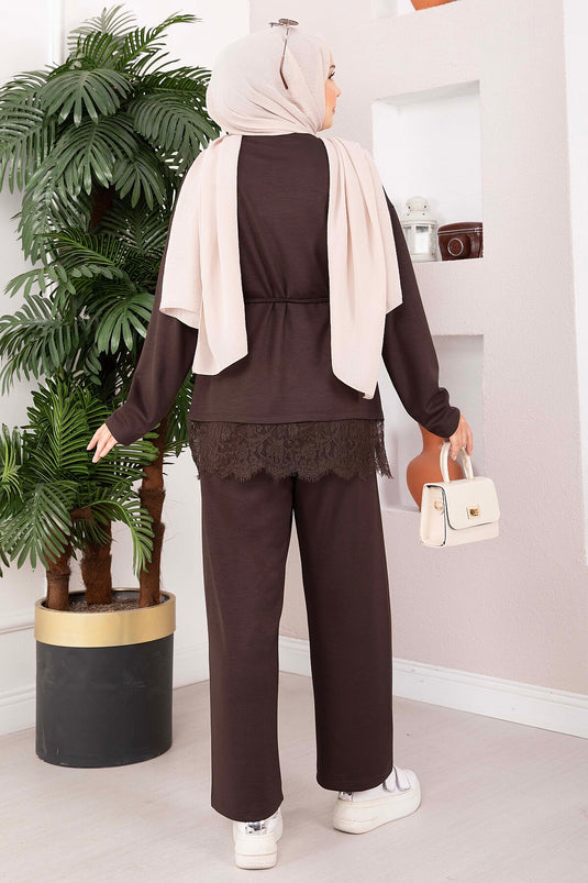 Conjunto De Pantalón Con Encaje Marrón