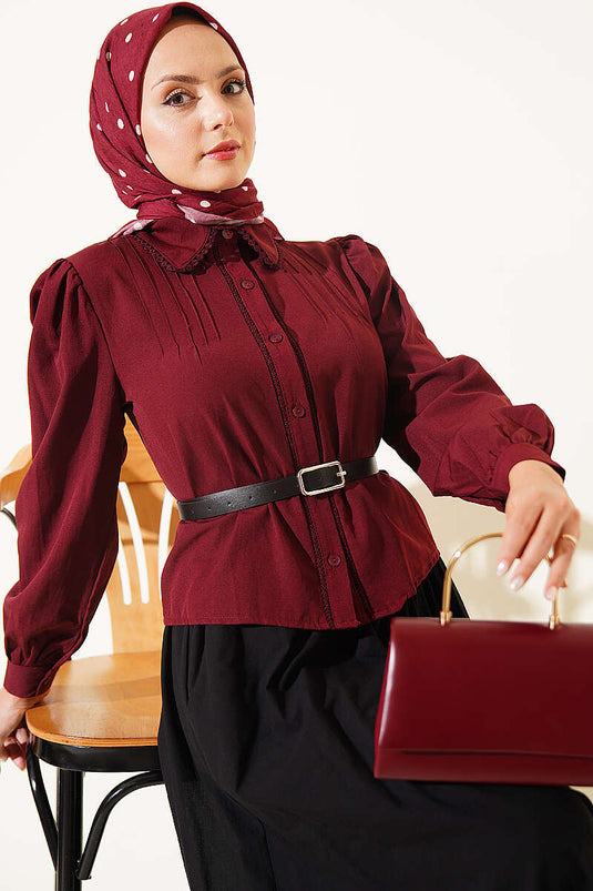 Dantel Detaylı Pensli Kısa Gömlek Bordo