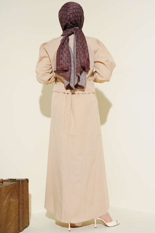 Abito a gilet in popeline con dettagli in pizzo beige