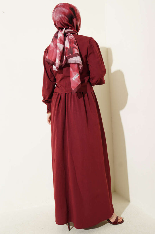 Robe chasuble en popeline avec détails en dentelle bordeaux