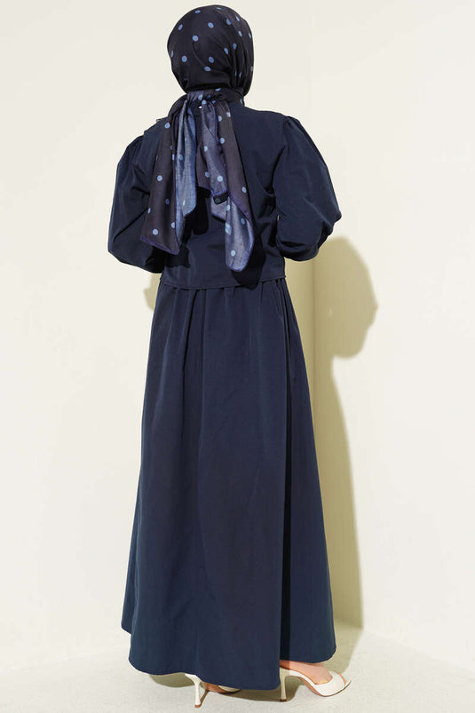 Robe chasuble en popeline avec détails en dentelle bleu marine