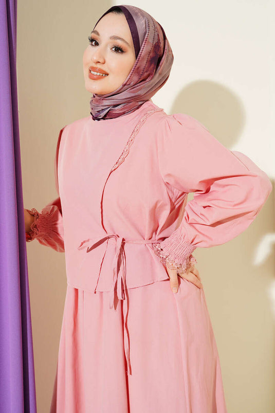 Poplin Jumper Dress with Lace Details in Powder Pink