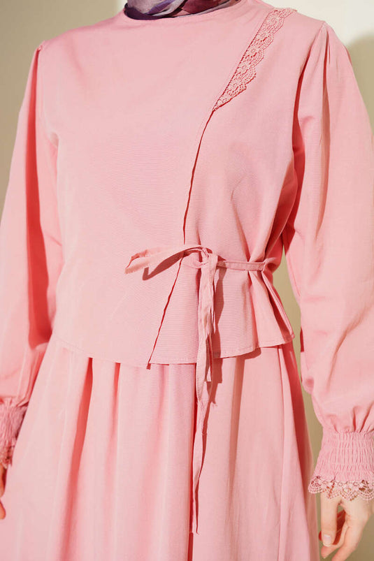Poplin Jumper Dress with Lace Details in Powder Pink
