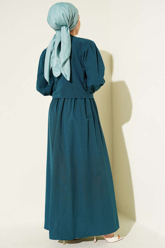 Robe chasuble en popeline avec détails en dentelle émeraude