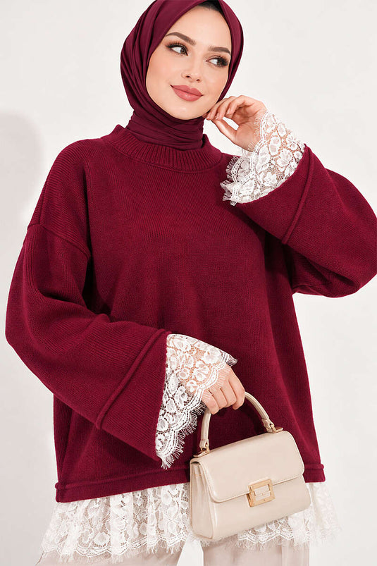 Dantel Detaylı Triko Tunik Bordo