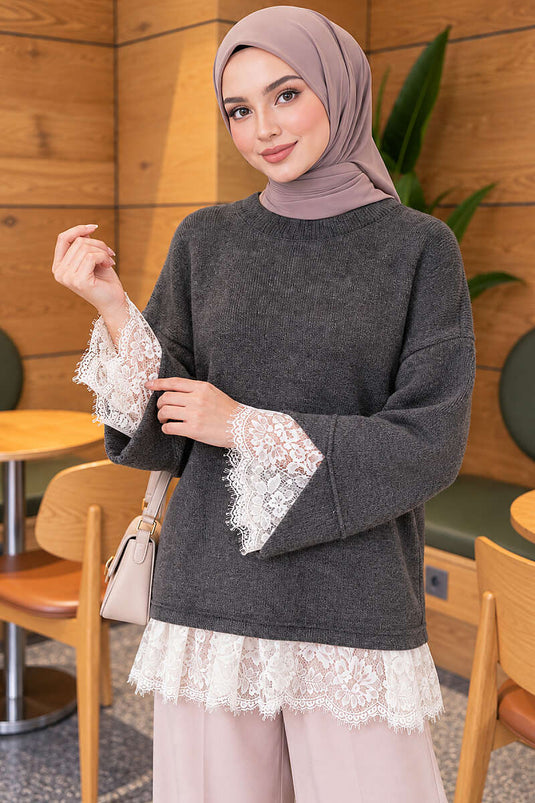 Tunique En Maille Avec Détails En Dentelle Füme