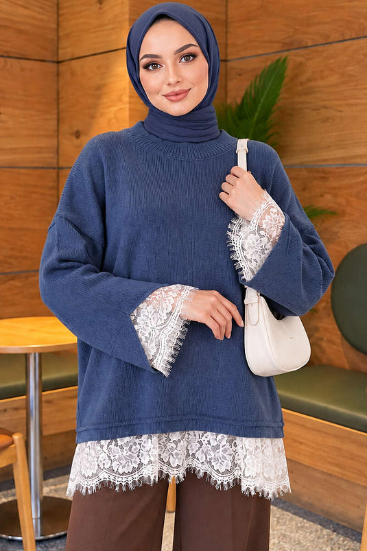 Indigo Stricktunika Mit Spitze-Details