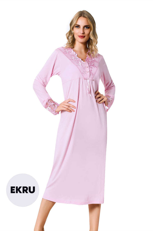 Lace Detailed Long Sleeve Women's Nightgown Ecru