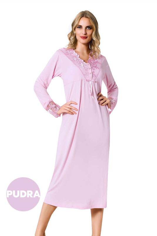 Lace Detailed Long Sleeve Women's Nightgown Powder