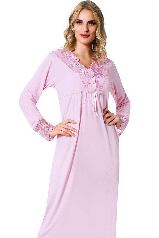 Camicia da notte da donna a maniche lunghe con dettagli in pizzo color cipria