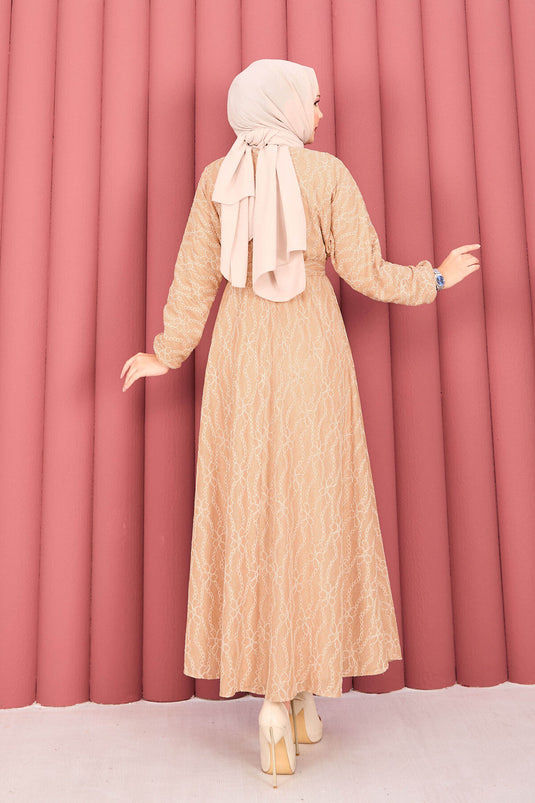 Robe hijab en dentelle texturée avec ceinture amovible couleur camel