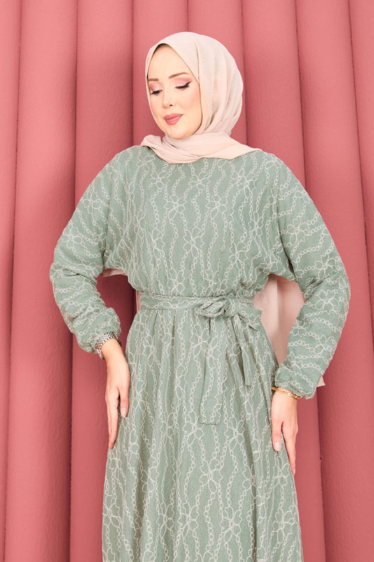Robe hijab à ceinture amovible en dentelle texturée, couleur menthe