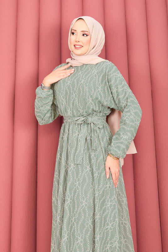 Robe hijab à ceinture amovible en dentelle texturée, couleur menthe