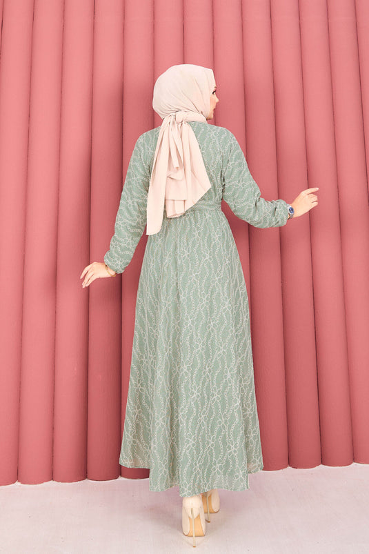 Robe hijab à ceinture amovible en dentelle texturée, couleur menthe