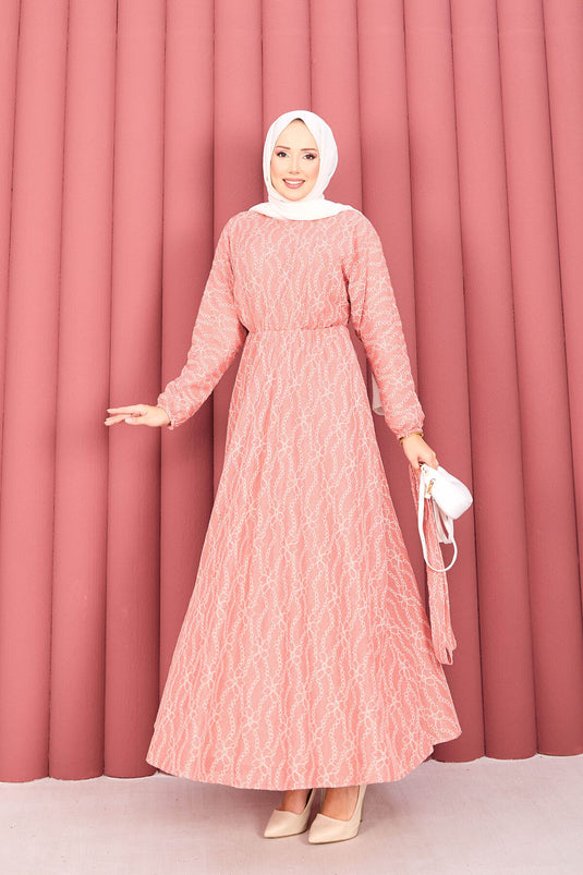 Robe hijab à ceinture amovible en dentelle texturée, couleur poudre