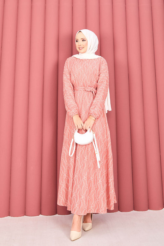 Robe hijab à ceinture amovible en dentelle texturée, couleur poudre