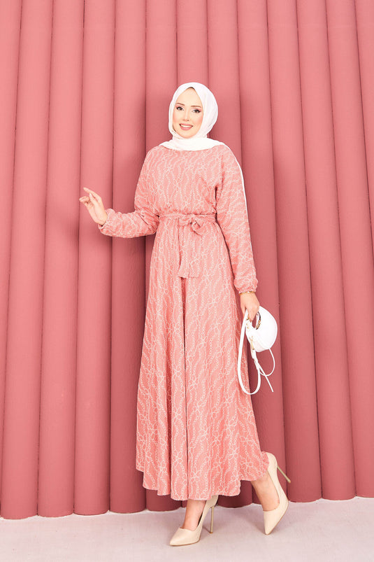 Robe hijab à ceinture amovible en dentelle texturée, couleur poudre