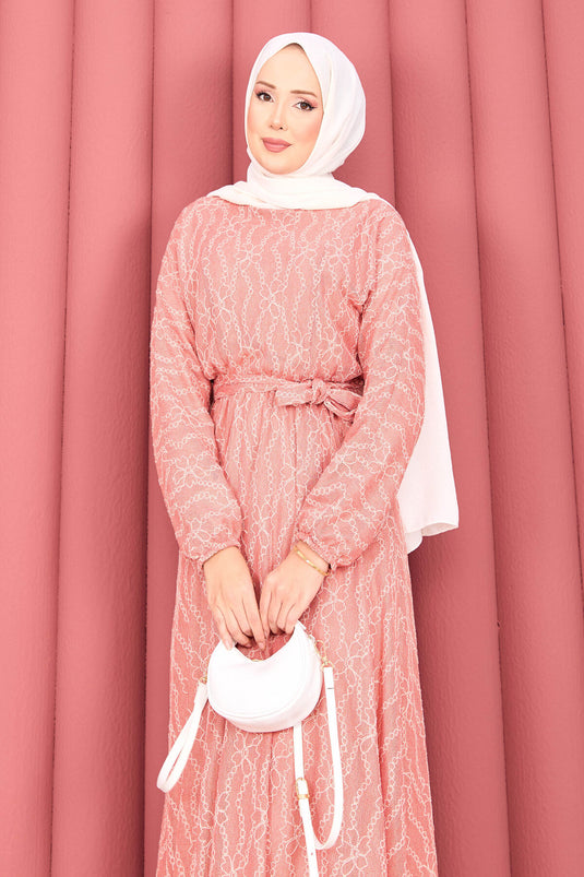 Robe hijab à ceinture amovible en dentelle texturée, couleur poudre