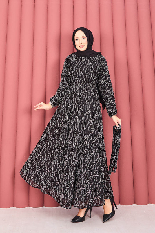 Robe hijab noire en dentelle texturée avec ceinture amovible