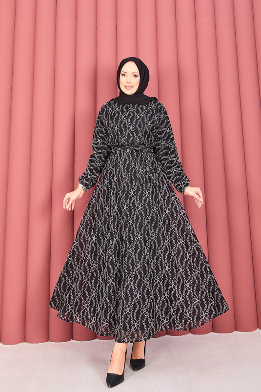 Robe hijab noire en dentelle texturée avec ceinture amovible