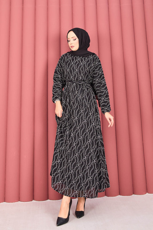 Robe hijab noire en dentelle texturée avec ceinture amovible