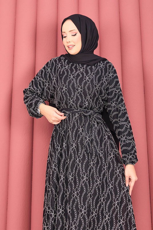 Robe hijab noire en dentelle texturée avec ceinture amovible