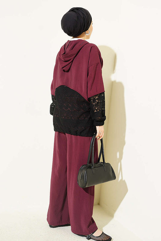 Dantel Garnili Fermuarlı İkili Takım Bordo