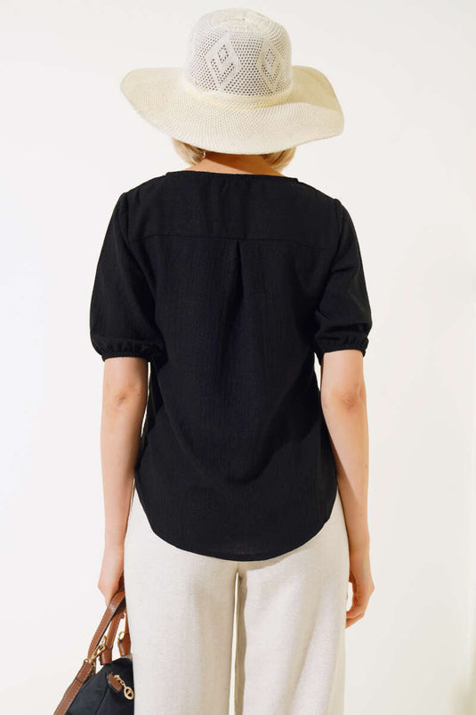 Lace Embroidered Linen T-shirt Black