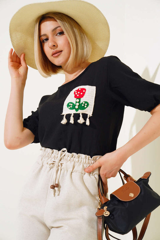 Lace Embroidered Linen T-shirt Black