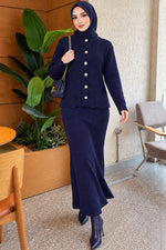 Ensemble Jupe Et Haut À Boutons En Dentelle Brodée Et Perles Bleu Marine