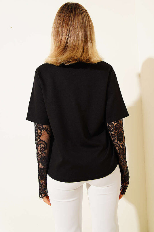 T-shirt à manches dentelle Loyşa noir