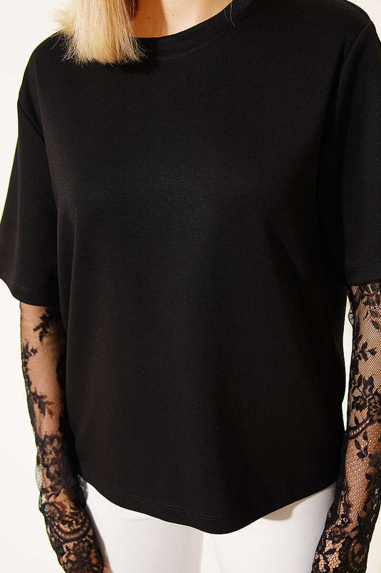 T-shirt à manches dentelle Loyşa noir