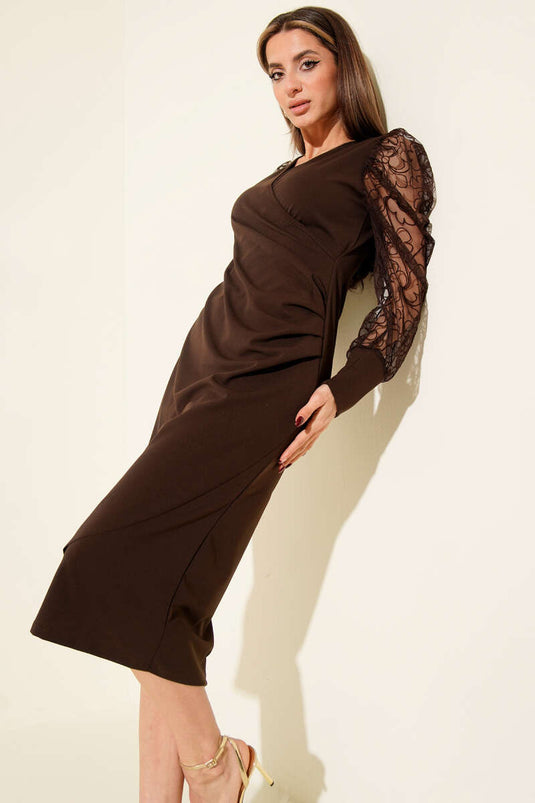 Robe midi à manches dentelle et col en V marron