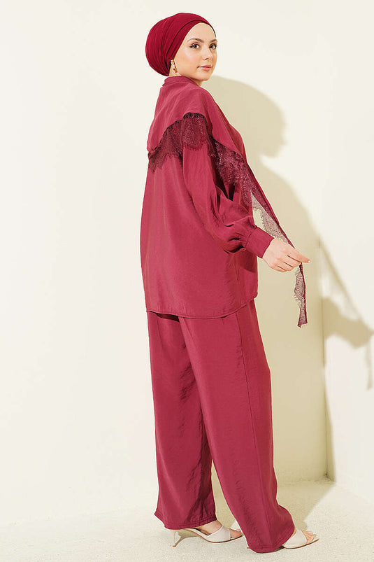 Lace Scarf Detailed Hidden Button Set Burgundy
