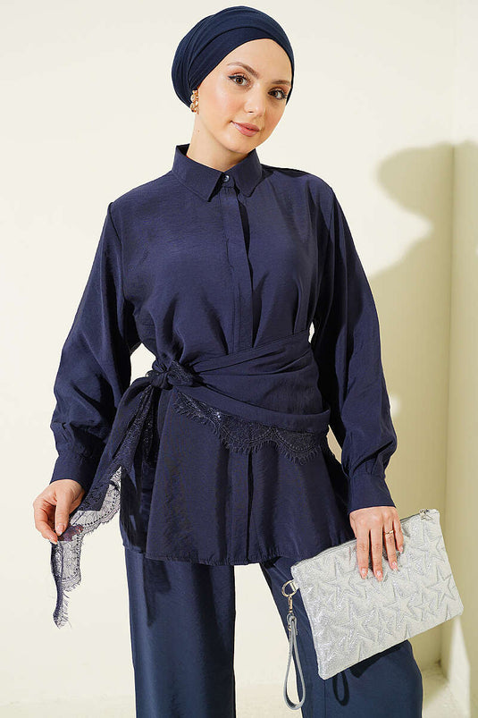 Lace Scarf Detailed Hidden Button Set Navy Blue