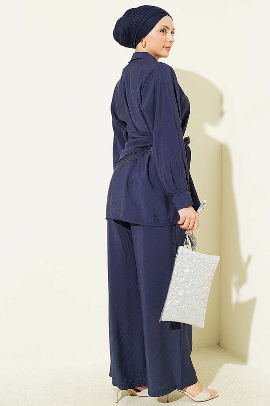 Lace Scarf Detailed Hidden Button Set Navy Blue