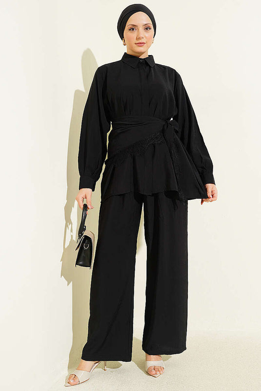 Ensemble à boutons cachés avec détail en dentelle, noir